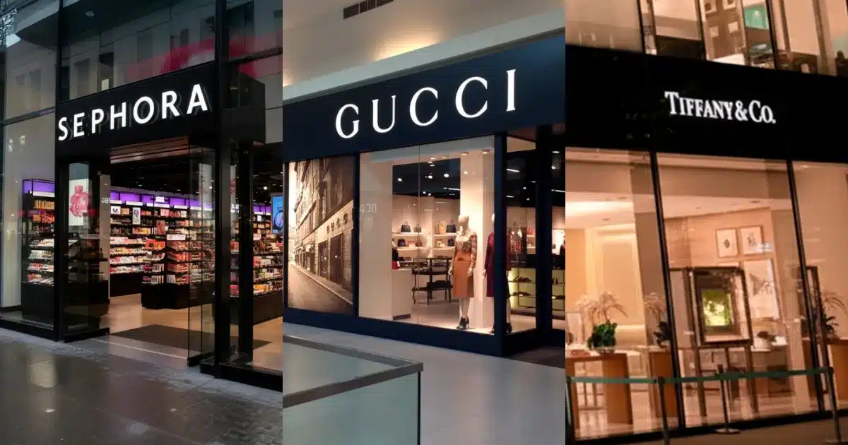 Fachadas das lojas Sephora, Gucci e Tiffany & Co., servindo como exemplos de marcas famosas que são alvos constantes de brandjacking e precisam de proteção de marca online.