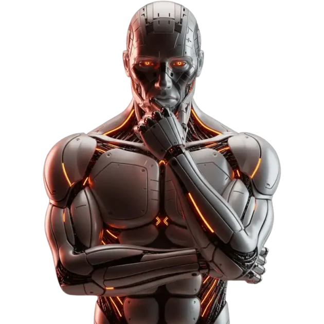 Esse ciborgue representa a inteligência artificial pensante, a interseção entre tecnologia e consciência — temas centrais na proposta da Omni Creative